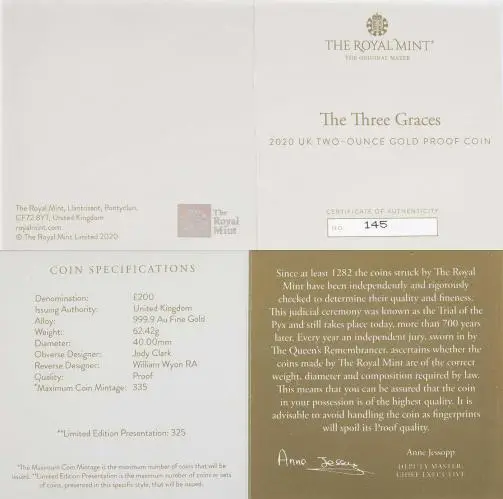 2020 Gold Proof 2 Ounce British Decimal Elizabeth II Three Graces Pound Sterling £200  Coin Single United Kingdom The Royal Mint with cert