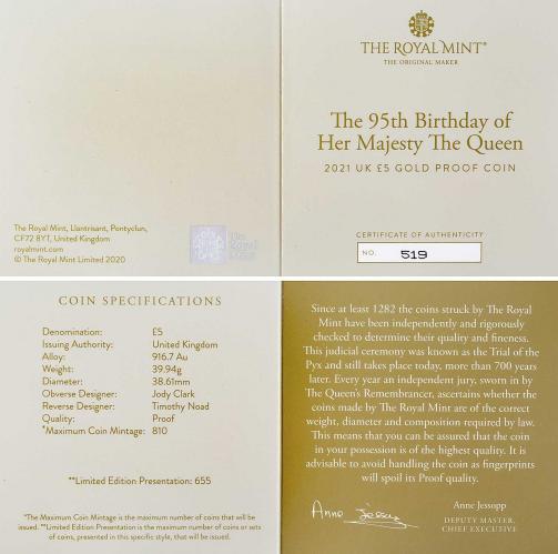 2021 QEII 95th Birthday Gold Proof Five Pound Coin | Chards