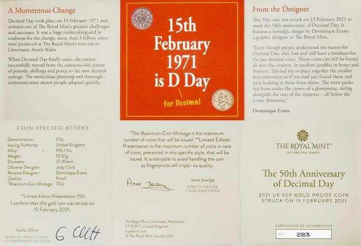 2021 50th Anniversary of Decimal Day - Strike on the Day Gold Proof 50 Pence Coin cert and specs