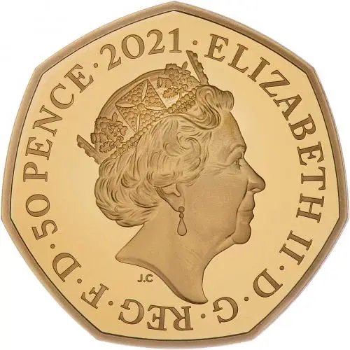 2021 50th Anniversary of Decimal Day - Strike on the Day Gold Proof 50 Pence Coin  obverse  