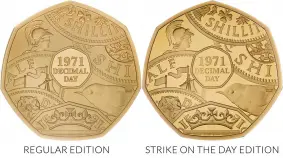 2021 50th Anniversary of Decimal Day - Strike on the Day Gold Proof 50 Pence Coin comparison