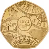 2021 50th Anniversary of Decimal Day - Strike on the Day Gold Proof 50 Pence Coin reverse   