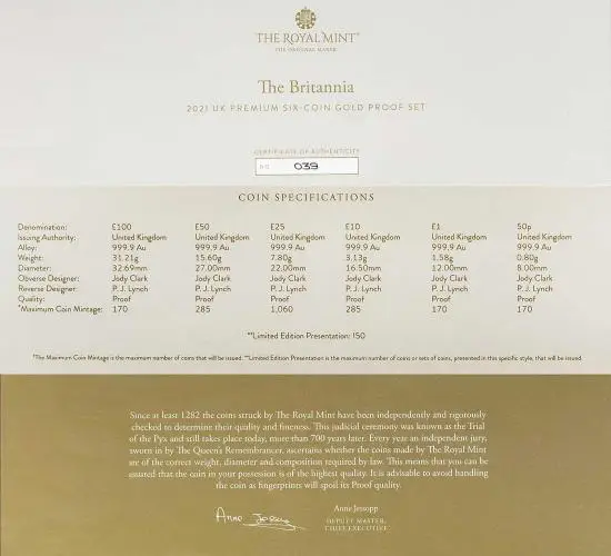 2021 Gold Proof Core Range Britannia 6-Coin Set cert and specs