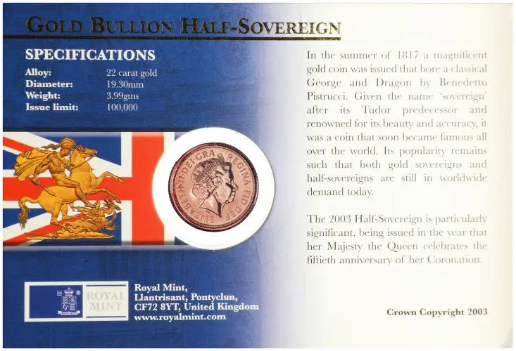 2003 Elizabeth II Coronation Half Sovereign Gold Bullion Coin - In Sleeve obverse