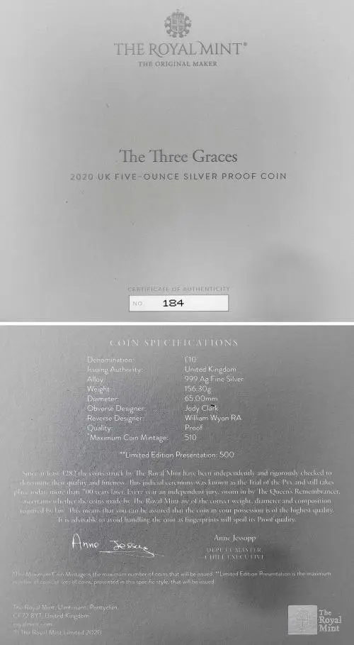 2020 Silver Proof 5 Ounce British Decimal Elizabeth II Three Graces £10 Coin With Box with Cert United Kingdom The Royal Mint cert and specs