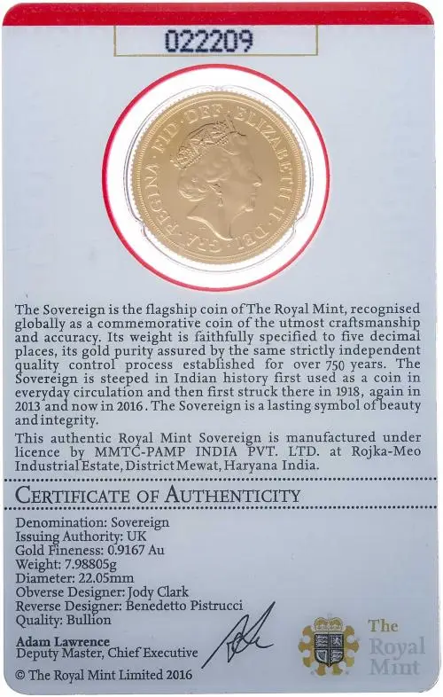 2016 Gold Sovereign Elizabeth II Delhi Mint - India Mintmark obverse