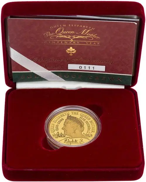 2000 Queen Mother Centenary Gold Proof £5 Coin in box