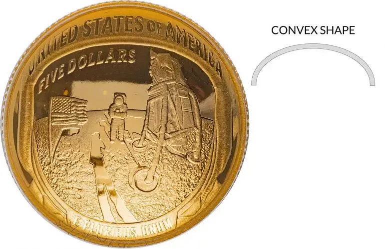 2019 Gold Proof 50th Anniversary Moon landing $5 Coin With Box with Cert PR-70 obverse convex