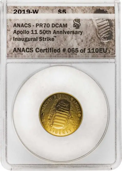 2019 Gold Proof 50th Anniversary Moon landing $5 Coin With Box with Cert PR-70 reverse in slab