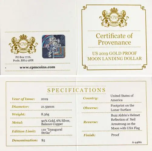 2019 Gold Proof 50th Anniversary Moon landing $5 Coin With Box with Cert PR-70 with certificate