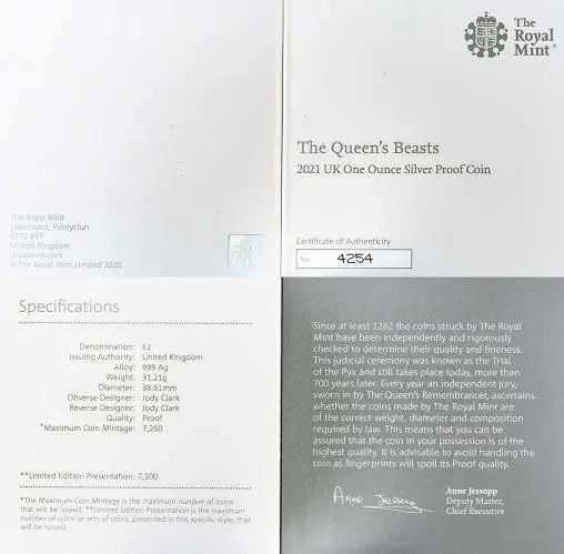 2021 Queen's Beasts 1 oz Silver Proof Coin - Completer Coin with certificate