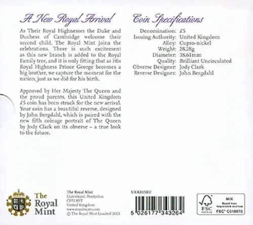 2015 UK Coin £5 / Crown BU Royal Birth of Princess Charlotte 23036