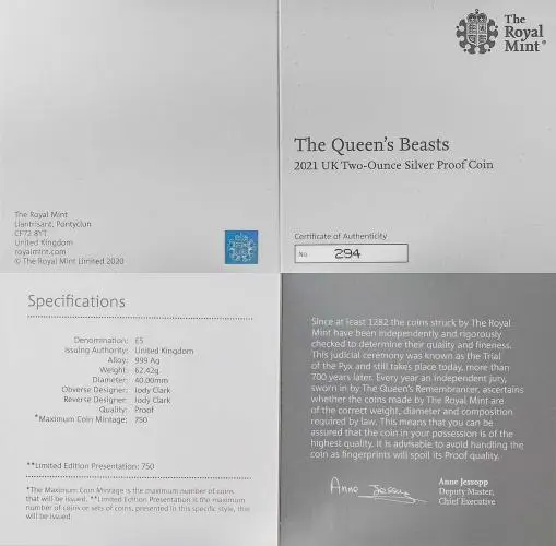 2021 Queen's Beasts 2 oz Silver Proof Coin - 'Completer' Coin cert and specs