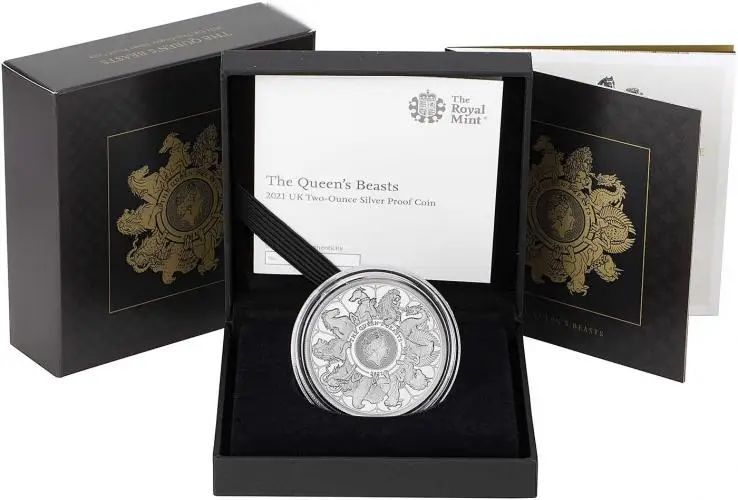 2021 Queen's Beasts 2 oz Silver Proof Coin - 'Completer' Coin in box