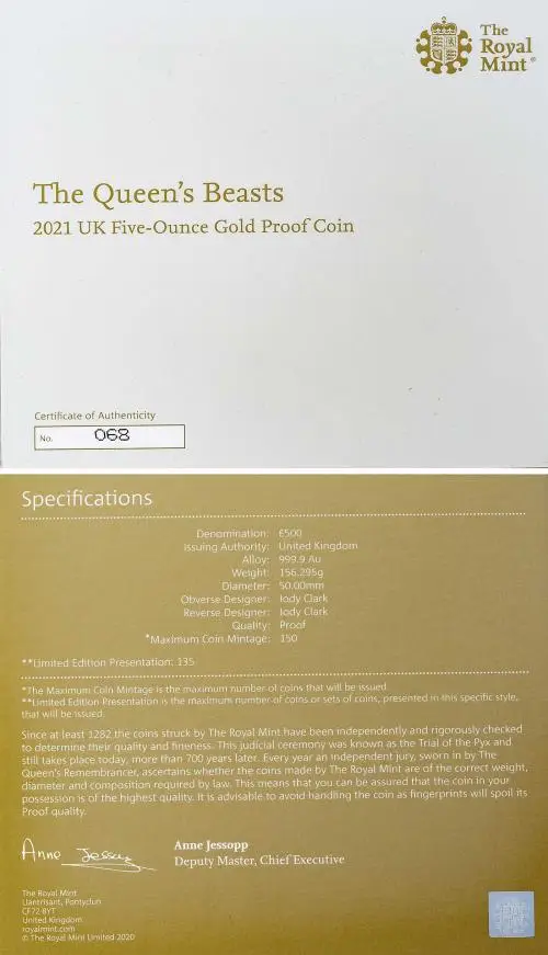  2021 5 oz Gold Proof Queen's Beasts Completer Coin certificate of authenticity