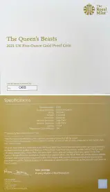  2021 5 oz Gold Proof Queen's Beasts Completer Coin certificate of authenticity
