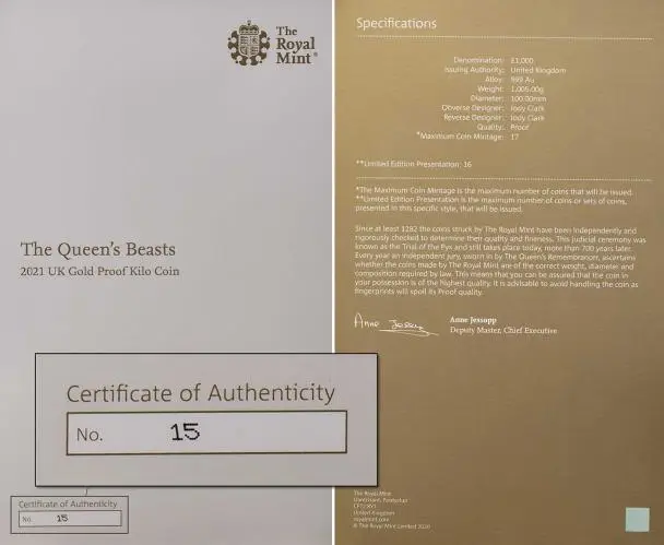 2021 1 kg Gold Proof Queen's Beasts Completer Coin in box side view certificate 15 and specifications
