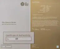 2021 1 kg Gold Proof Queen's Beasts Completer Coin in box side view certificate 15 and specifications