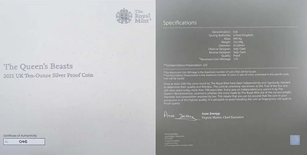 2021 Queen's Beasts 10 oz Silver Proof Coin - Completer Coin with cert