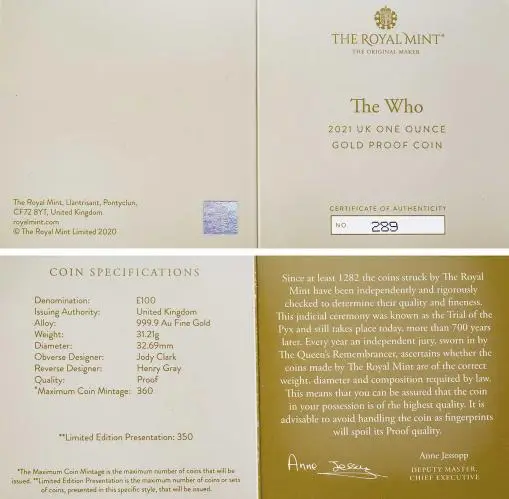 2021 The Who - Music Legends 1 oz Gold Proof Coin COA