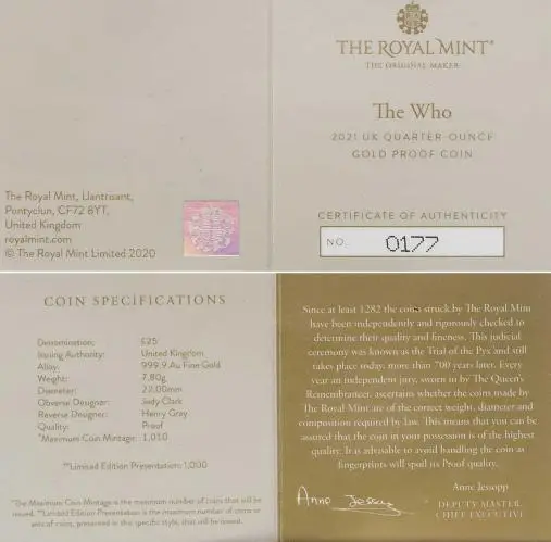 2021 The Who - Music Legends 0.25 oz Gold Proof Coin cert and specs