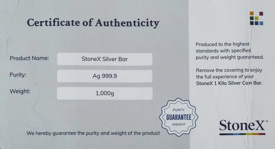 Silver Bullion Ungraded 1 Kilogram  Bar Pre-Owned StoneX cert