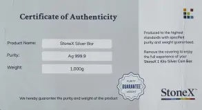 Silver Bullion Ungraded 1 Kilogram  Bar Pre-Owned StoneX cert