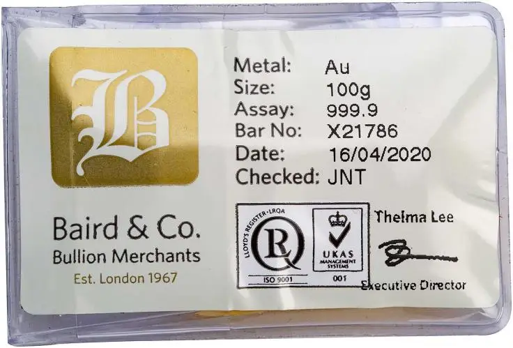 Gold 100g Bar Baird - Pre-Owned with cert