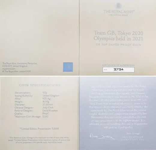 2021 Tokyo Olympics Team GB Silver Proof 50p Coin with cert and specs