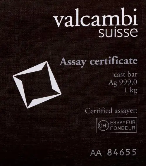 1 Kg Silver Bar Valcambi - Cast assay certificate