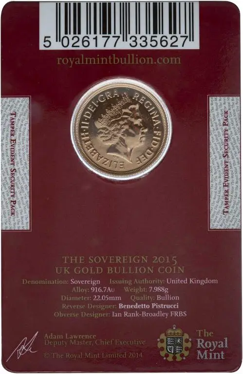 2015 Gold Sovereign Bullion Coin In Sleeve Obverse