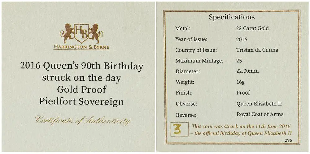 2016 Tristan Da Cunha '90th Birthday of Queen Elizabeth II' Gold Proof Piedfort Sovereign certificate