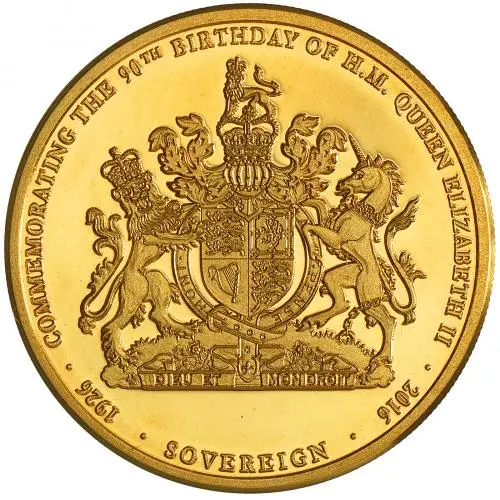 2016 Tristan Da Cunha '90th Birthday of Queen Elizabeth II' Gold Proof Piedfort Sovereign reverse