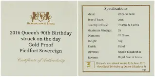 2016 Tristan Da Cunha '90th Birthday of Queen Elizabeth II' Gold Proof Piedfort Sovereign certificate