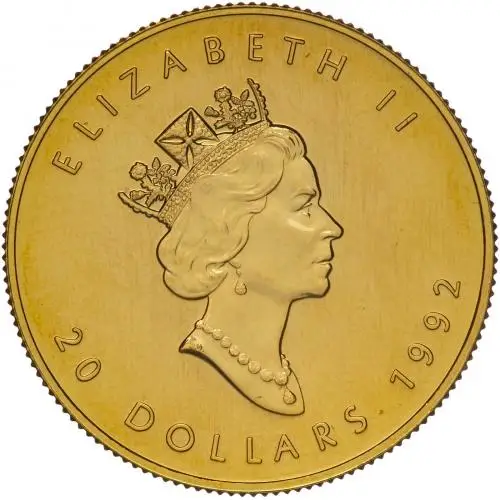 1992 Gold Uncirculated 0.5 Ounce Maple  Coin Single Canada Royal Canadian Mint obverse