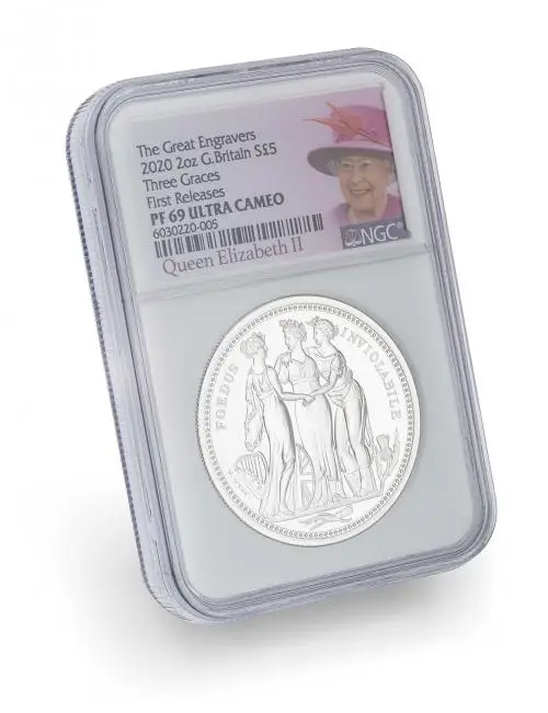 2020 NGC PF-69 Silver Proof 2 Ounce British Decimal Elizabeth II Three Graces Pound Sterling £5 Coin with Cert United Kingdom The Royal Mint side view