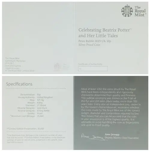 2019 Silver Proof Beatrix Potter Peter Rabbit Pound  certificate