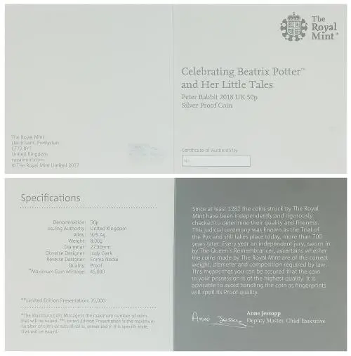 2018 Silver Proof Beatrix Potter Peter Rabbit Pound Sterling 50 Pence  Coin  certificate