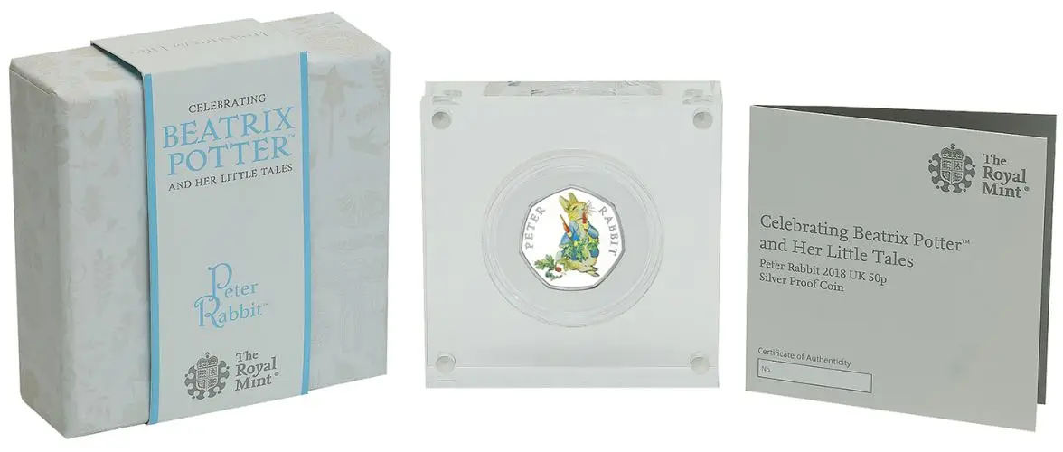 2018 Silver Proof Beatrix Potter Peter Rabbit Pound Sterling 50 Pence  Coin  display box