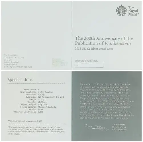 2018 Silver Proof Frankenstein Pound Sterling £2  Coin Single United Kingdom The Royal Mint certificate