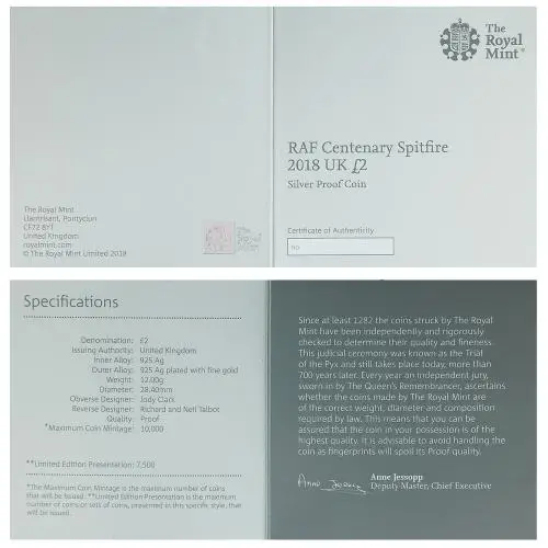 2018 RAF Centenary 'Spitfire' £2 Silver Proof Coin - Pre-Owned certificate
