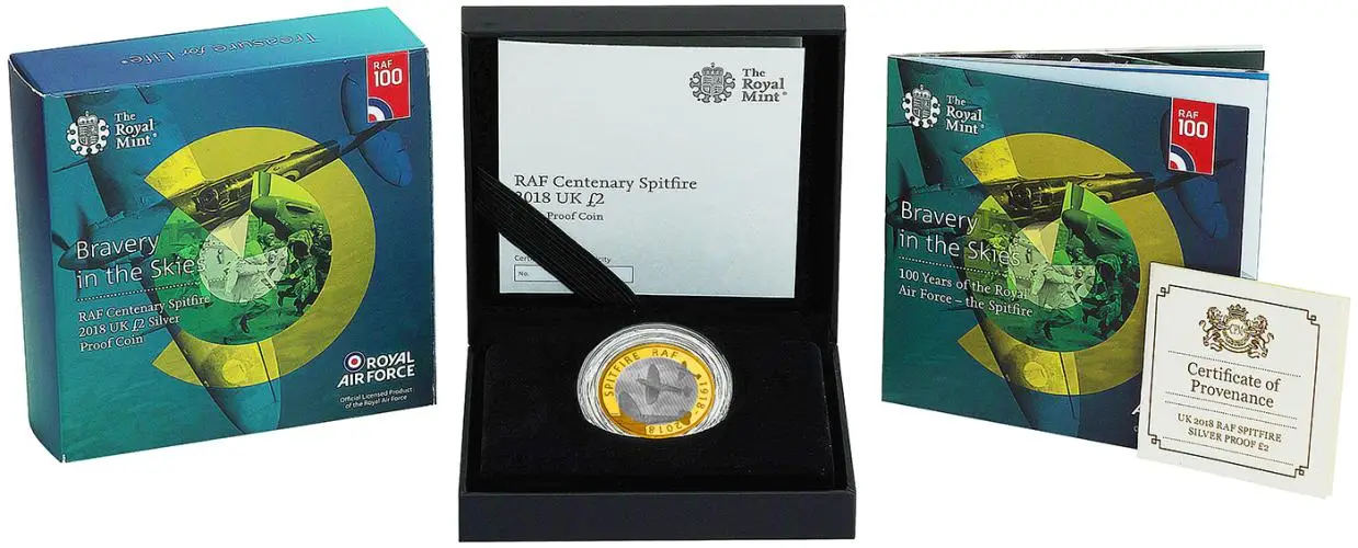 2018 RAF Centenary 'Spitfire' £2 Silver Proof Coin - Pre-Owned display box