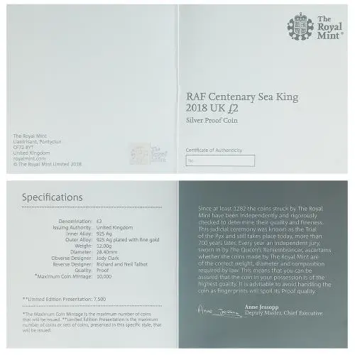 2018 RAF Centenary 'Sea King' £2 Silver Proof Coin - Pre-Owned certificate