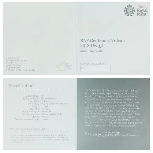 2018 RAF Centenary 'Vulcan' £2 Silver Proof Coin - Pre-Owned certificate