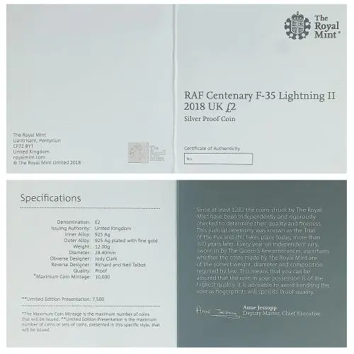 2018 RAF Centenary 'F-35 Lightning II' Silver Proof Coin SH certificate