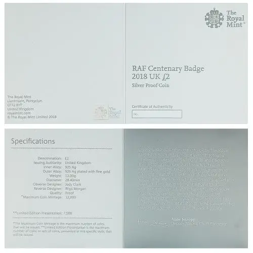 2018 Silver Proof RAF Centenary Elizabeth II Badge Pound Sterling £2  Coin With Box certificate