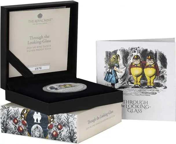 2021 Alice Through the Looking Glass 1 oz Silver Proof Coin in box side view