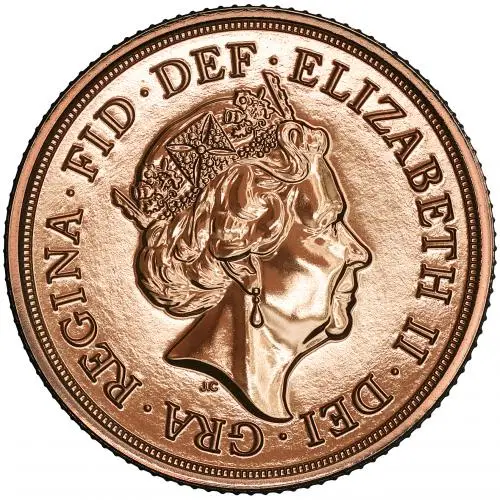 2022 Queen Elizabeth II Platinum Jubilee Gold Sovereign Coin obverse chards image crop