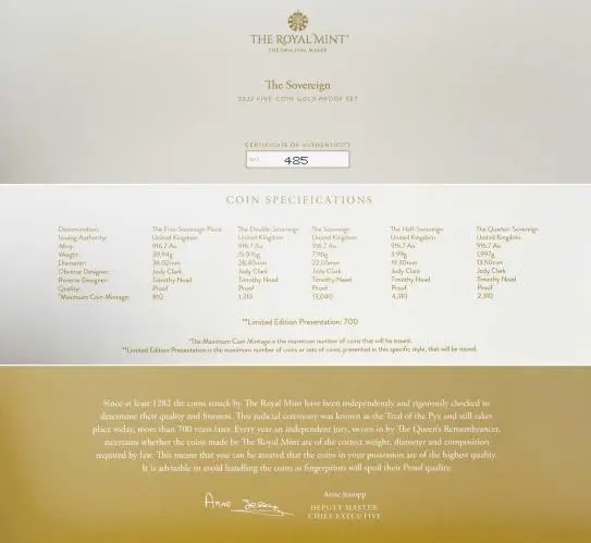 2022 5-Coin Gold Proof Sovereign Set with certificate and specs