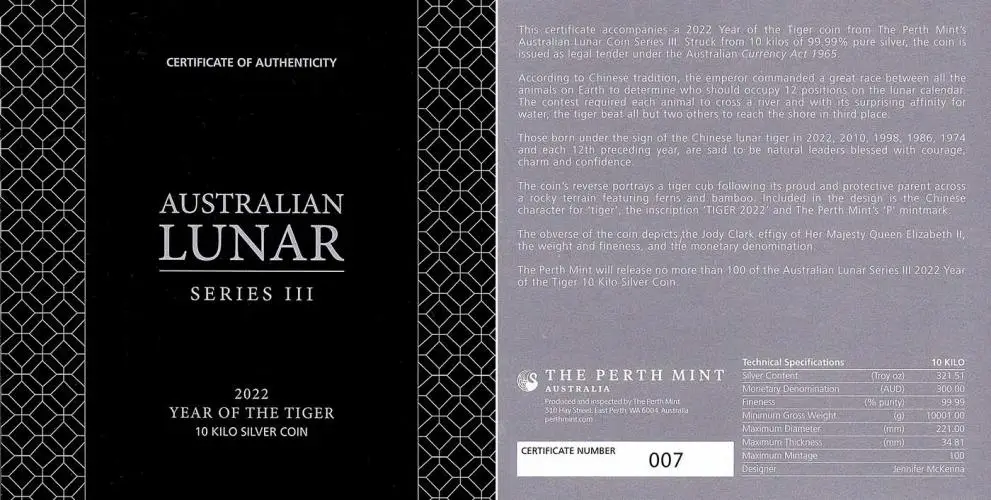 2022 Year of the Tiger Perth Mint Lunar 10 kg Silver Bullion Coin side cert and specs